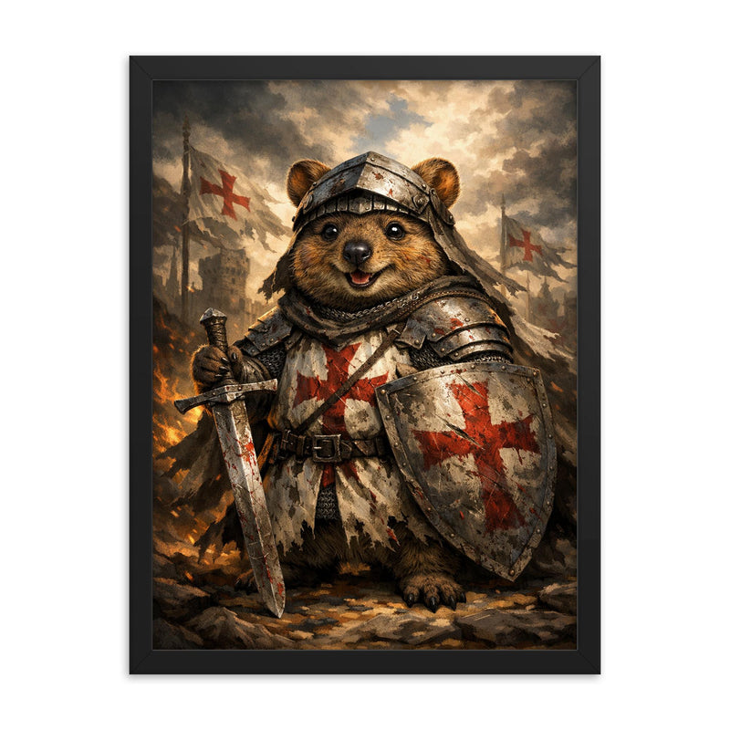 Quokka knight in battered crusader surcoat framed print on a plain backdrop in size 18