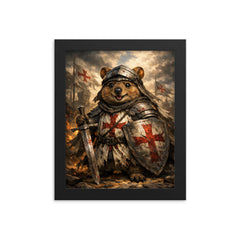 Quokka knight in battered crusader surcoat framed print on a plain backdrop in size 8"x10".