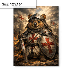 Quokka knight in battered crusader surcoat metal print on a plain backdrop in size 12"x16".