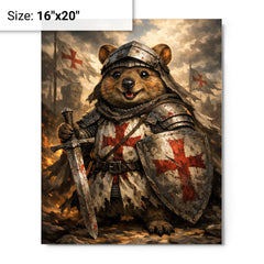 Quokka knight in battered crusader surcoat metal print on a plain backdrop in size 16"x20".