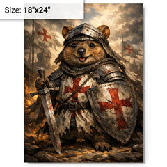 Quokka knight in battered crusader surcoat metal print on a plain backdrop in size 18"x24".
