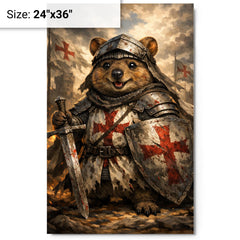 Quokka knight in battered crusader surcoat metal print on a plain backdrop in size 24"x36".