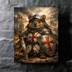 Quokka knight in battered crusader surcoat metal print mockup