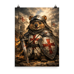 Quokka knight in battered crusader surcoat poster on a plain backdrop in size 8"x10".