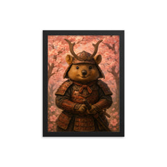 Quokka samurai under cherry blossoms framed print on a plain backdrop in size 12"x16".