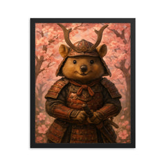 Quokka samurai under cherry blossoms framed print on a plain backdrop in size 16"x20".