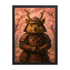 Quokka samurai under cherry blossoms framed print on a plain backdrop in size 18"x24".
