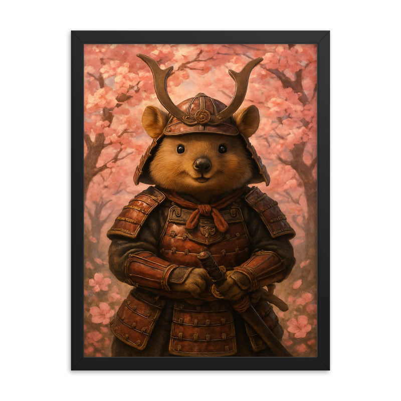 Quokka samurai under cherry blossoms framed print on a plain backdrop in size 18