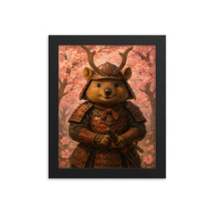 Quokka samurai under cherry blossoms framed print on a plain backdrop in size 8"x10".