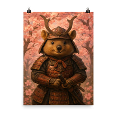 Quokka samurai under cherry blossoms poster on a plain backdrop in size 8"x10".