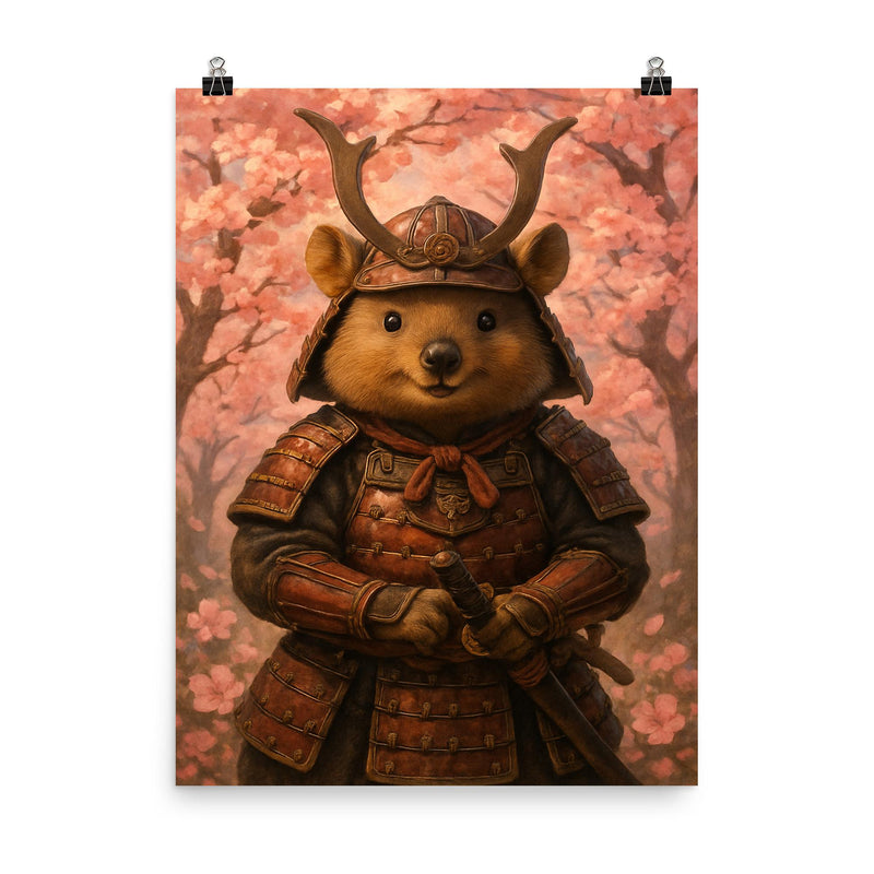 Quokka samurai under cherry blossoms poster on a plain backdrop in size 8