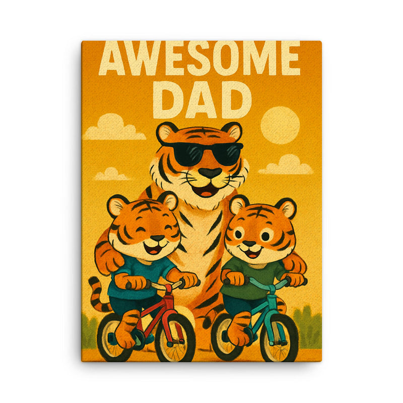 Quote 'awesome dad' Tiger wearing sunglasses while teaching cubs to ride bicycles Funny father's day Poster canvas print on a plain backdrop in size 18