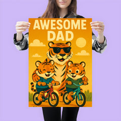 Quote 'awesome dad' Tiger wearing sunglasses while teaching cubs to ride bicycles Funny father's day Poster poster 3