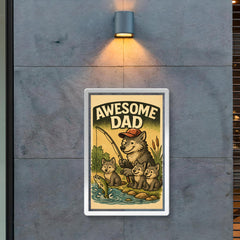 Quote 'awesome dad' Wolf in a baseball cap showing pups how to fish Funny father's day Poster poster 2