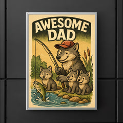 Quote 'awesome dad' Wolf in a baseball cap showing pups how to fish Funny father's day Poster poster 5
