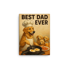 Quote 'best dad ever' Golden retriever in chef's hat making breakfast for puppies Funny father's day Poster canvas print on a plain backdrop in size 12"x16".