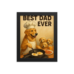 Quote 'best dad ever' Golden retriever in chef's hat making breakfast for puppies Funny father's day Poster framed print on a plain backdrop in size 8"x10".