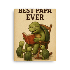 Quote 'best papa ever' Elderly turtle reading stories to baby turtles in rocking chair Funny father's day Poster canvas print on a plain backdrop in size 16"x20".