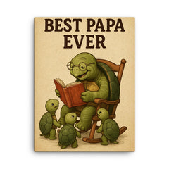 Quote 'best papa ever' Elderly turtle reading stories to baby turtles in rocking chair Funny father's day Poster canvas print on a plain backdrop in size 18"x24".