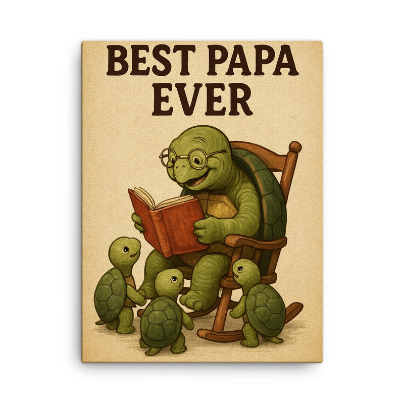 Quote 'best papa ever' Elderly turtle reading stories to baby turtles in rocking chair Funny father's day Poster canvas print on a plain backdrop in size 18