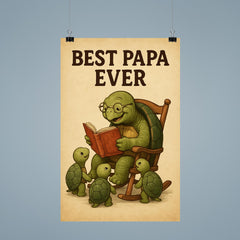 Quote 'best papa ever' Elderly turtle reading stories to baby turtles in rocking chair Funny father's day Poster poster 9