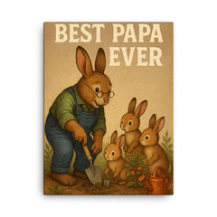 Quote 'best papa ever' Grandpa rabbit teaching baby rabbits to garden Funny father's day Poster canvas print on a plain backdrop in size 18"x24".