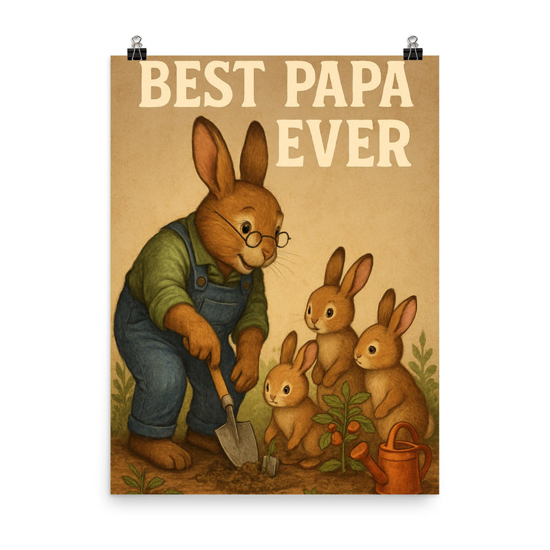 Quote 'best papa ever' Grandpa rabbit teaching baby rabbits to garden Funny father's day Poster poster on a plain backdrop in size 8