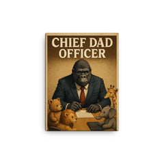 Quote 'chief dad officer' Gorilla in a business suit conducting a board meeting with toy animals Funny father's day Poster canvas print on a plain backdrop in size 12"x16".
