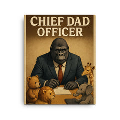 Quote 'chief dad officer' Gorilla in a business suit conducting a board meeting with toy animals Funny father's day Poster canvas print on a plain backdrop in size 16"x20".