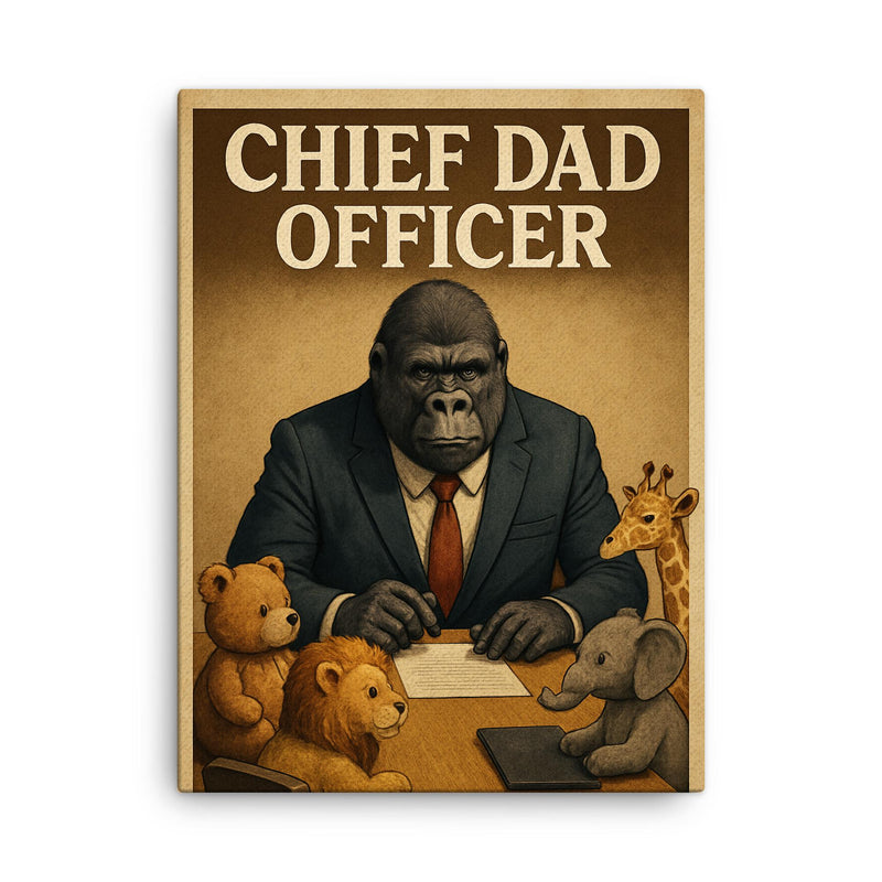 Quote 'chief dad officer' Gorilla in a business suit conducting a board meeting with toy animals Funny father's day Poster canvas print on a plain backdrop in size 18