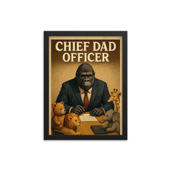 Quote 'chief dad officer' Gorilla in a business suit conducting a board meeting with toy animals Funny father's day Poster framed print on a plain backdrop in size 12"x16".