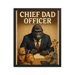 Quote 'chief dad officer' Gorilla in a business suit conducting a board meeting with toy animals Funny father's day Poster framed print on a plain backdrop in size 16"x20".