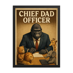 Quote 'chief dad officer' Gorilla in a business suit conducting a board meeting with toy animals Funny father's day Poster framed print on a plain backdrop in size 18"x24".