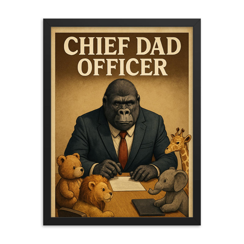 Quote 'chief dad officer' Gorilla in a business suit conducting a board meeting with toy animals Funny father's day Poster framed print on a plain backdrop in size 18