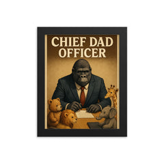 Quote 'chief dad officer' Gorilla in a business suit conducting a board meeting with toy animals Funny father's day Poster framed print on a plain backdrop in size 8"x10".