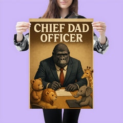 Quote 'chief dad officer' Gorilla in a business suit conducting a board meeting with toy animals Funny father's day Poster poster 3