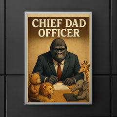 Quote 'chief dad officer' Gorilla in a business suit conducting a board meeting with toy animals Funny father's day Poster poster 5