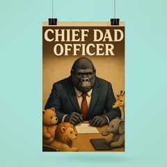 Quote 'chief dad officer' Gorilla in a business suit conducting a board meeting with toy animals Funny father's day Poster poster 6