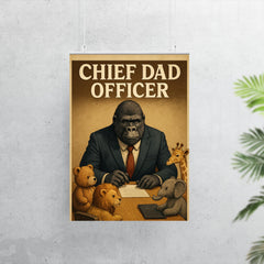 Quote 'chief dad officer' Gorilla in a business suit conducting a board meeting with toy animals Funny father's day Poster poster 7