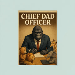 Quote 'chief dad officer' Gorilla in a business suit conducting a board meeting with toy animals Funny father's day Poster poster 8