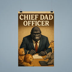 Quote 'chief dad officer' Gorilla in a business suit conducting a board meeting with toy animals Funny father's day Poster poster 9