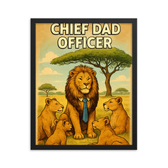 Quote 'chief dad officer' Lion in tie leading a pride meeting under acacia tree Funny father's day Poster framed print on a plain backdrop in size 16"x20".