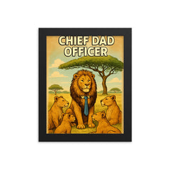 Quote 'chief dad officer' Lion in tie leading a pride meeting under acacia tree Funny father's day Poster framed print on a plain backdrop in size 8"x10".