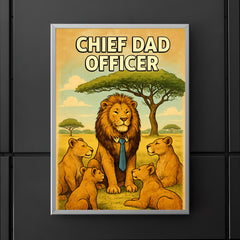 Quote 'chief dad officer' Lion in tie leading a pride meeting under acacia tree Funny father's day Poster poster 5