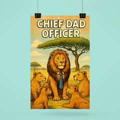 Quote 'chief dad officer' Lion in tie leading a pride meeting under acacia tree Funny father's day Poster poster 6