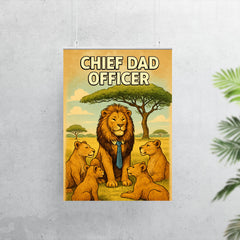 Quote 'chief dad officer' Lion in tie leading a pride meeting under acacia tree Funny father's day Poster poster 7