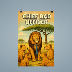 Quote 'chief dad officer' Lion in tie leading a pride meeting under acacia tree Funny father's day Poster poster 9