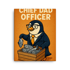 Quote 'chief dad officer' Penguin in executive attire organizing fish distribution Funny father's day Poster canvas print on a plain backdrop in size 16"x20".