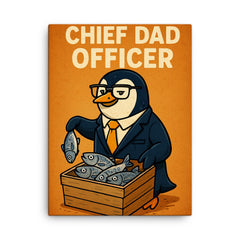 Quote 'chief dad officer' Penguin in executive attire organizing fish distribution Funny father's day Poster canvas print on a plain backdrop in size 18"x24".