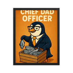 Quote 'chief dad officer' Penguin in executive attire organizing fish distribution Funny father's day Poster framed print on a plain backdrop in size 16"x20".